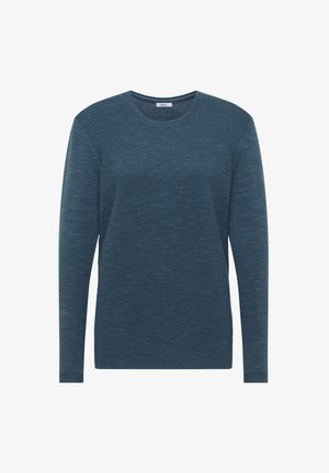 Maglione blu scuro con texture, collo rotondo e maniche lunghe. Presenta sottili righe orizzontali e un morbido tessuto lavorato a maglia.