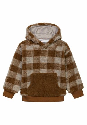 Bruine en beige geruite fleece hoodie met een voorzak, ribgebreide manchetten en een gevoerde capuchon. Zacht van structuur. Pull-over ontwerp.