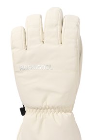 Bílá izolační rukavice s staženým zápěstím a prošívanými detaily. Obsahuje logo "ROSSIGNOL" ve stříbrné barvě, navržené pro použití v chladném počasí.