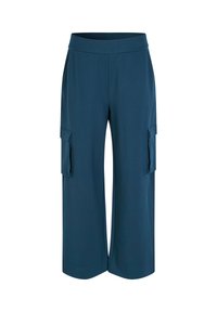 Blauwe cargos met een wijd benen ontwerp, een elastische tailleband en twee zijzakken. Gemaakt van zachte, rekbare stof voor comfort.