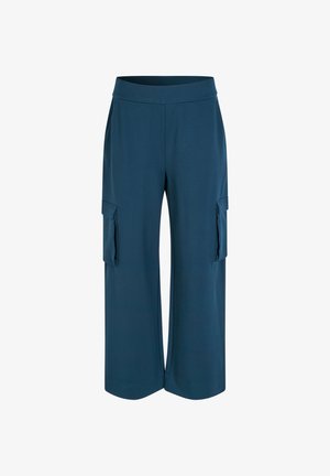 Blå cargo bukser med bred ben-design, elastisk talje og to sidelommer. Lavet af blødt, strækbart stof for komfort.