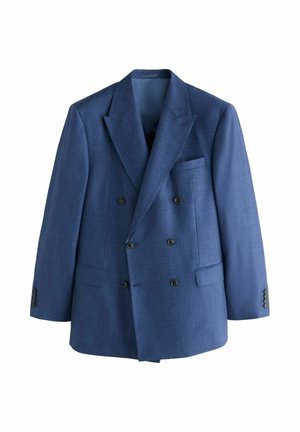 Doppelreihiger marineblauer Blazer mit Spitzenrevers, sechs Knöpfen und drei Pattentaschen, auf weißem Hintergrund dargestellt.