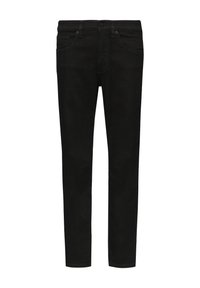 Jeans de mezclilla negra con un ajuste slim, cinco bolsillos y cierre de botón. La tela tiene una textura suave y un color oscuro consistente.