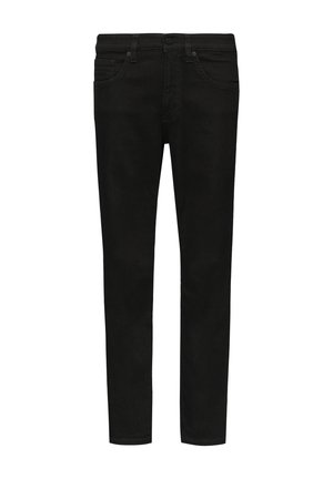 Jeans en denim noir avec une coupe slim, cinq poches et une fermeture à bouton. Le tissu a une texture lisse et une couleur sombre uniforme.