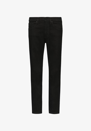 Mustad teksased, kitsas sobivus, viis taskut ja nööbiga sulgemine. Kangas on siledat tekstuuri ja ühtlase tumeda värviga.