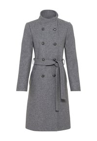 Grå ullrock med hög krage, dubbelknäppt fram med svarta knappar och matchande midjebälte. Slät textur, knä längd design.