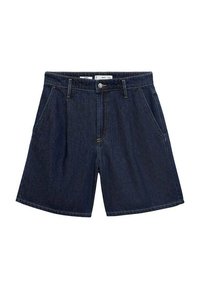 Tmavě modré denimové šortky s uvolněným střihem, s knoflíkovým zapínáním, předními kapsami a jemným prošíváním na švech.