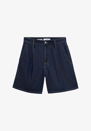 Shorts en denim bleu foncé avec une coupe décontractée, dotés d'une fermeture à bouton, de poches avant et d'un surpiquage subtil sur les coutures.
