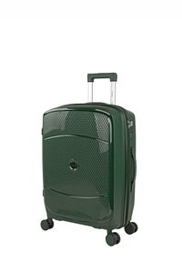 Maleta rígida verde con patrón texturizado en forma de cuadrícula, asa retráctil y cuatro ruedas giratorias para una fácil maniobrabilidad.