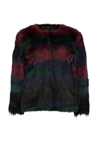 Faux fur jacket with multicolored stripes in burgundy, dark green, and black. Soft texture, round neck, open front, and long sleeves.