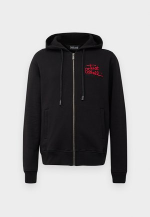 Black zip-up hoodie made of soft cotton blend, featuring a front pocket, drawstring hood, and red embroidered text on the left chest.