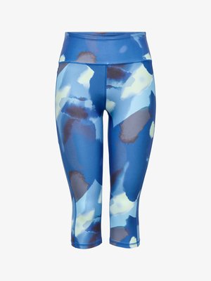 Kék capri leggings absztrakt akvarell stílusú mintákkal világoskék, fehér és szürke árnyalatokban, magas derékrésszel.