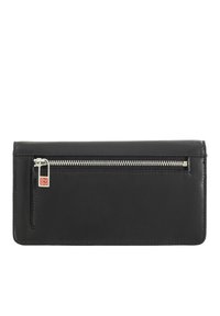 Black leather wallet with a rectangular shape, featuring a silver zipper on the front and a small red logo tag. Smooth texture and minimal design.