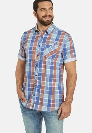 Short-sleeve checkered shirt in blue, light blue, and rust red. Features a button front, chest pocket, and embroidered logo detail.