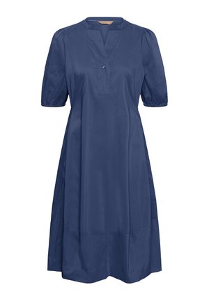 Vestido azul marino hasta la rodilla con mangas cortas abullonadas, escote en V con un solo botón y detalles fruncidos en los hombros y las mangas.
