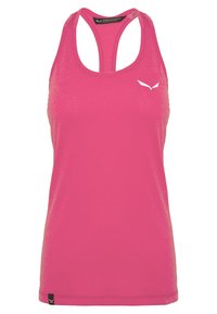 Canotta sportiva rosa con design a schiena a racer. Presenta un tessuto leggero, una texture liscia e un piccolo logo bianco sul petto.