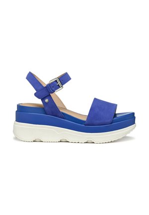 Sandali platform blu in suede con una fascia larga e fibbia regolabile alla caviglia. Presentano una spessa suola in gomma bianca con un motivo a onda.