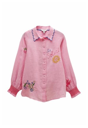 Pink long-sleeve button-up shirt with scalloped collar, embroidered sun, "le Soleil" text, cherries, lobster, and scooter designs, with smocked cuffs.