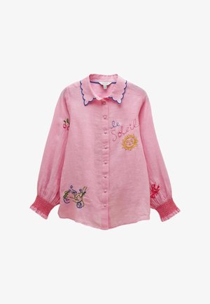 Roosa pika varrukaga nööpidega särk lainelise kraega, tikitud päikesega, tekstiga "le Soleil", kirsside, homaaride ja tõukeratta kujundustega, kokkupõimitud varrukaservadega.