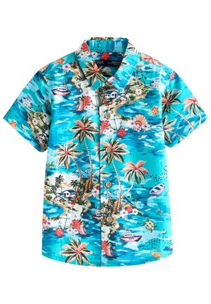 Chemise bleu vif à manches courtes avec boutons, imprimé d'île tropicale, palmiers, bateaux, fleurs, tortues de mer et poissons.