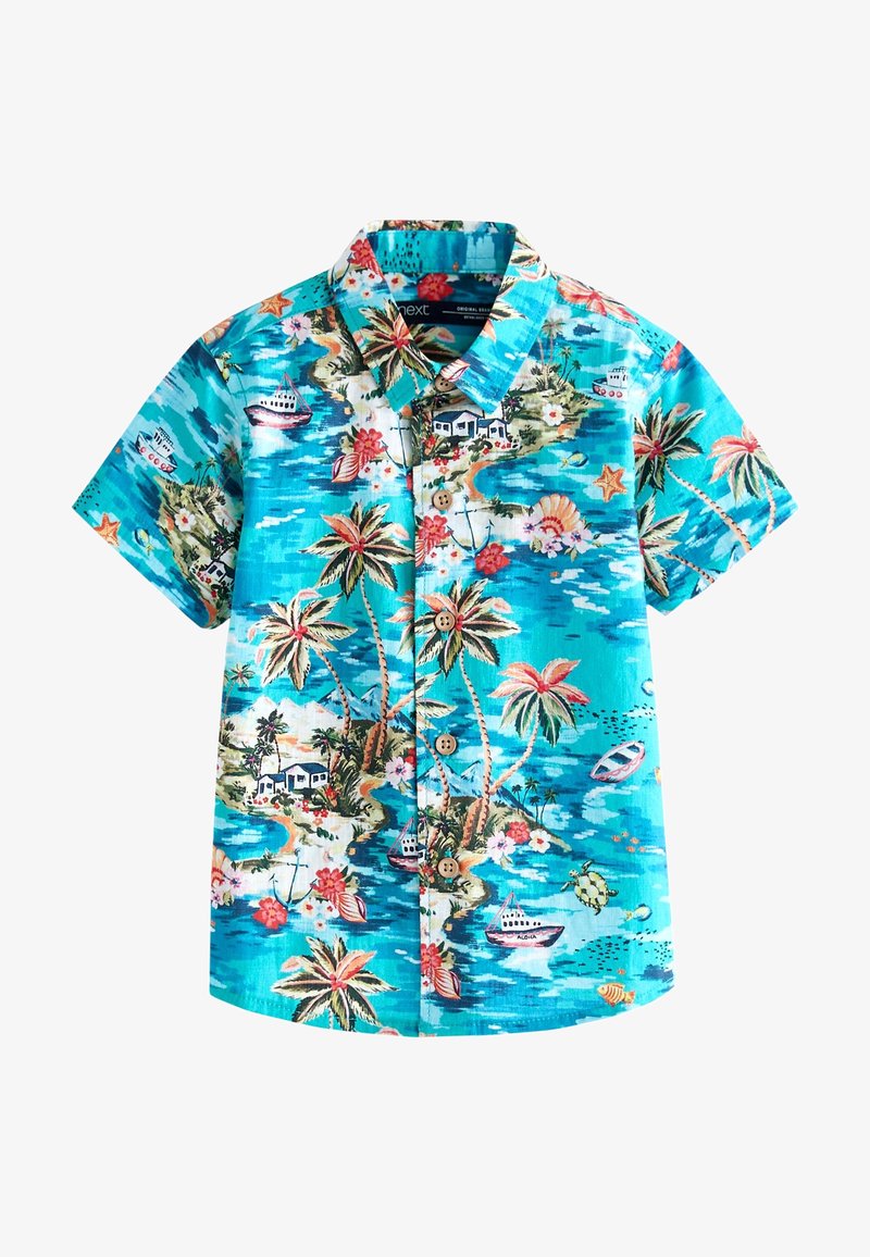 Chemise bleu vif à manches courtes avec boutons, imprimé d'île tropicale, palmiers, bateaux, fleurs, tortues de mer et poissons.