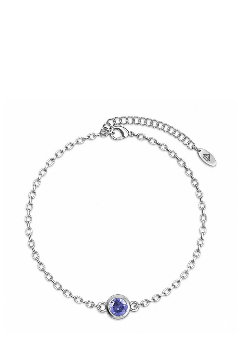 Braccialetto in argento con una gemma rotonda di colore viola, dotato di chiusura a gancio e una breve catena regolabile per una personalizzazione della misura.