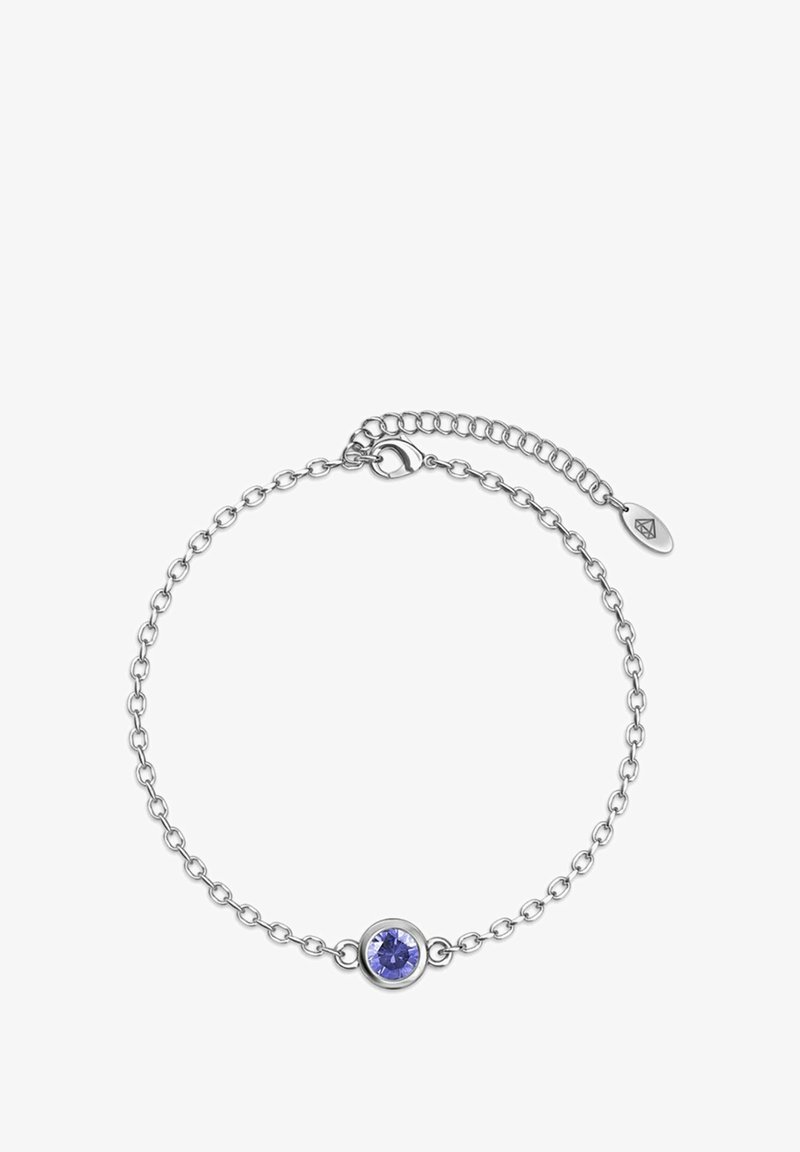 Braccialetto in argento con una gemma rotonda di colore viola, dotato di chiusura a gancio e una breve catena regolabile per una personalizzazione della misura.