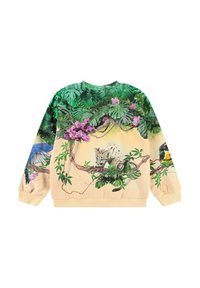 Sweatshirt with a beige base, featuring vibrant jungle graphics; includes tropical plants, a leopard, and colorful birds. Cotton material.