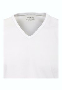 Hvid bomulds v-hals t-shirt med let elasticitet. Har en glat tekstur og minimal syning. Etiketten angiver størrelse medium.