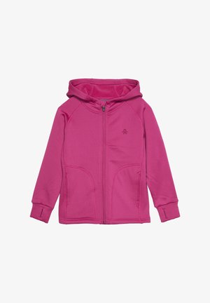Fleece-Reißverschluss-Hoodie in leuchtendem Pink, mit Kapuze, Seitentaschen und gesticktem Logo. Glatte Textur und gerippte Bündchen.