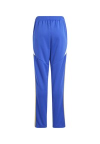 Blauwe sportbroek met gele zijaccenten. Gemaakt van een gladde, lichte stof. Heeft een elastische tailleband en taps toelopende benen.