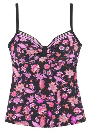 Black camisole top with pink and purple floral pattern, ruched center front, thin black shoulder straps, and striped neckline detail.