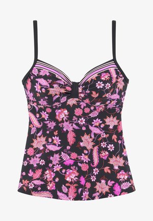 Schwarzes Camisole-Top mit pinkem und violettem Blumenmuster, geraffte Mitte vorne, dünne schwarze Schulterträger und gestreiftes Ausschnittdetail.