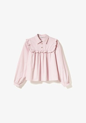 Light pink blouse with vertical white stripes, rounded collar, ruffled design along the neckline, and long puffed sleeves. Four buttons at front.