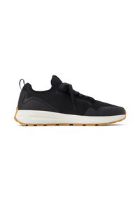 Baskets de sport noires avec une tige en mesh respirant, une semelle en caoutchouc, un col rembourré et une semelle intermédiaire blanche contrastante ainsi qu'une semelle extérieure en caoutchouc beige.