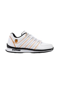 White athletic shoe featuring black and orange accents, synthetic upper, and a black rubber sole. Includes distinct stripe pattern.