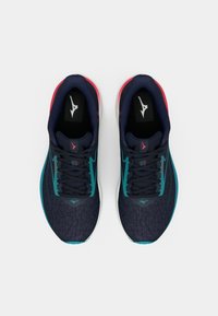 Navy running shoes with turquoise accents, mesh upper, flat laces, and patterned detailing on the toe box; lightweight sole with a white midsole.
