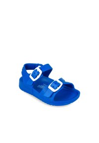 Blauwe sandalen van flexibele materialen, met twee witte verstelbare banden met gespen. Open te ontwerp en een textuur voetbed.