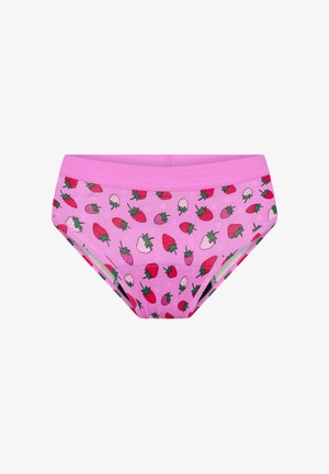 Culottes pour filles roses ornées de motifs de fraises rouges, blanches et roses ainsi que de petits cœurs blancs, avec une ceinture rose uni.