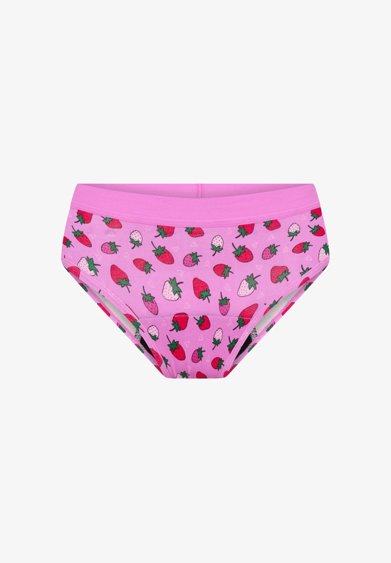 Culottes pour filles roses ornées de motifs de fraises rouges, blanches et roses ainsi que de petits cœurs blancs, avec une ceinture rose uni.