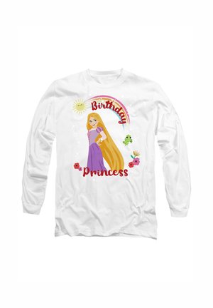 White long-sleeve shirt featuring a cartoon princess with long blonde hair, wearing a purple dress, surrounded by "Birthday" and floral accents.