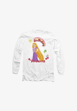 White long-sleeve shirt featuring a cartoon princess with long blonde hair, wearing a purple dress, surrounded by "Birthday" and floral accents.