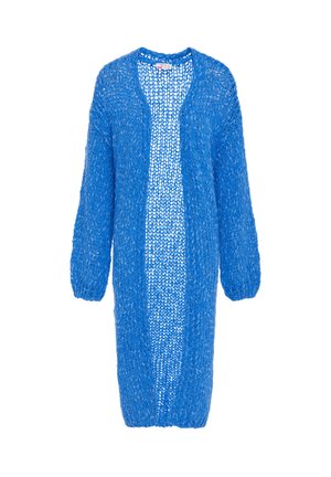 Long open-front blue knit cardigan with a loose, airy weave and full-length sleeves on a white background.