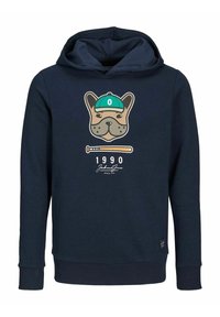 Marineblauer Baumwoll-Hoodie mit einem Hundegrafik, der eine Mütze und einen Schläger trägt, sowie dem Jahr "1990" und einem Markenlogo am unteren Rand.