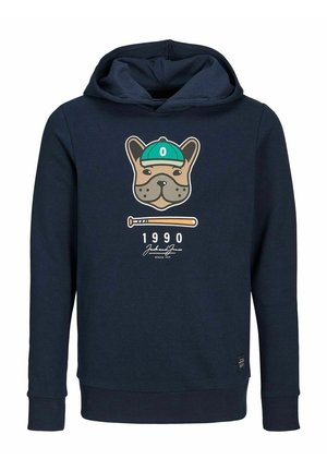 Marinblå bomullshuva med en hundgrafik som har en keps och en klubb, samt året "1990" och en logotyp från märket längst ner.