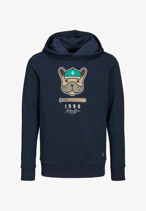 Donkerblauwe katoenen hoodie met een hondafbeelding met een pet en een knuppel, plus het jaar "1990" en een merklogo onderaan.