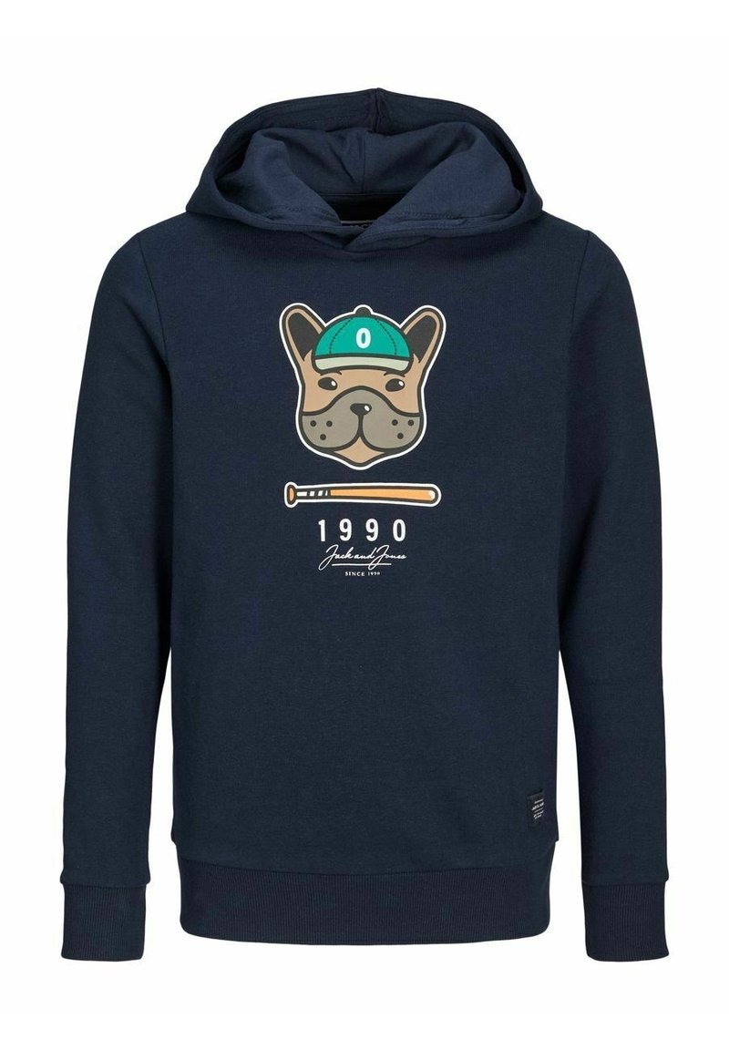 Marineblauer Baumwoll-Hoodie mit einem Hundegrafik, der eine Mütze und einen Schläger trägt, sowie dem Jahr "1990" und einem Markenlogo am unteren Rand.