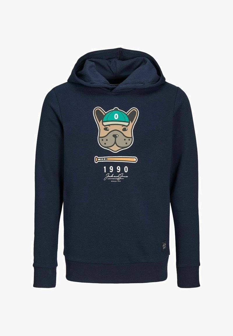 Marineblauer Baumwoll-Hoodie mit einem Hundegrafik, der eine Mütze und einen Schläger trägt, sowie dem Jahr "1990" und einem Markenlogo am unteren Rand.