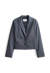 Blazer court gris foncé en tissu lisse avec revers crantés, fermeture à deux boutons et poches latérales. Design simple, accents minimaux.
