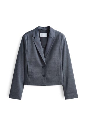 Blazer grigio scuro, corto, realizzato in tessuto liscio con revers a punta, chiusura a due bottoni e tasche laterali. Design semplice, minimi accenti.